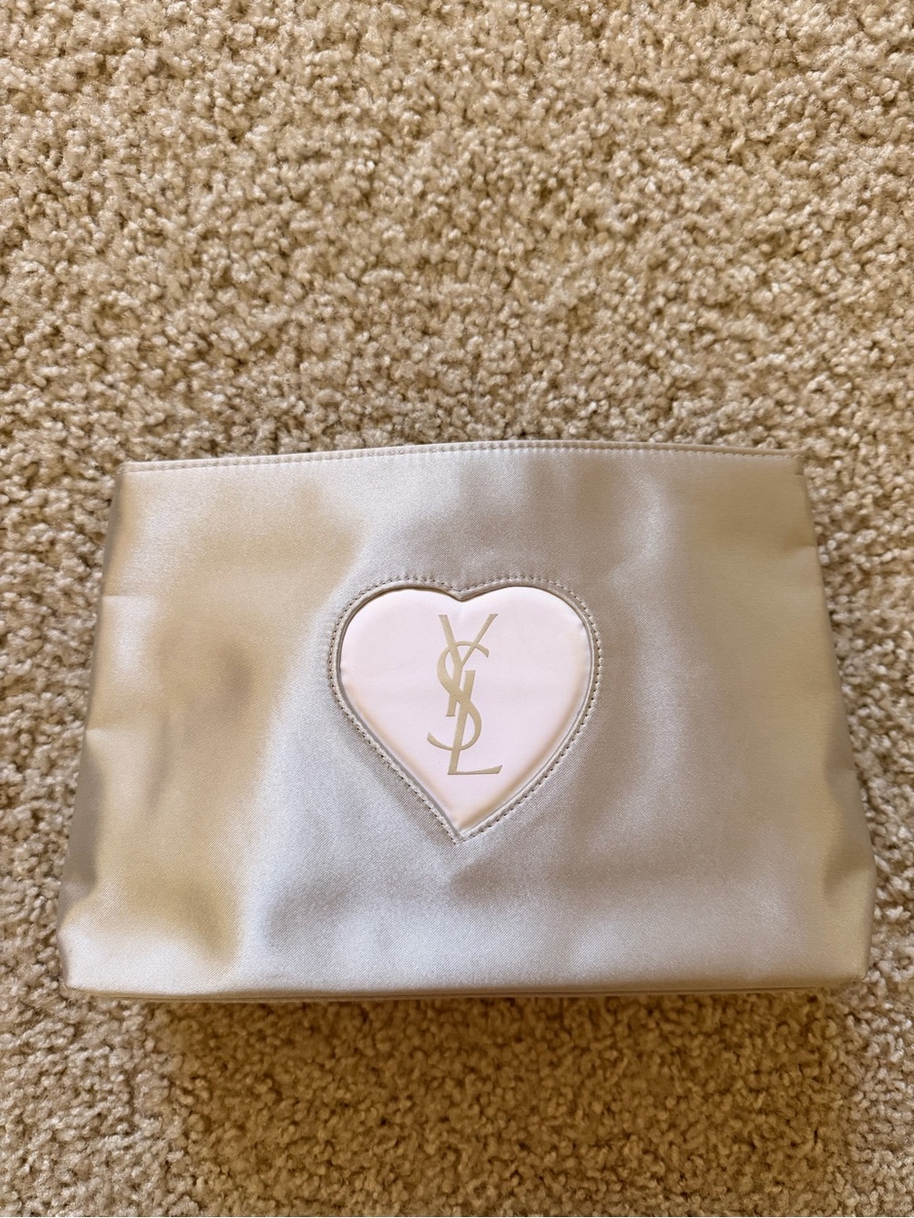 Saint Laurent Silver Cosmetic Pouch with Pink Heart Logo